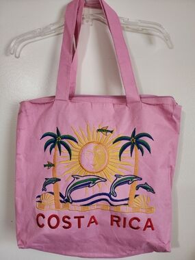 Costa Rica Embroidered Pink Canvas Tote Bag